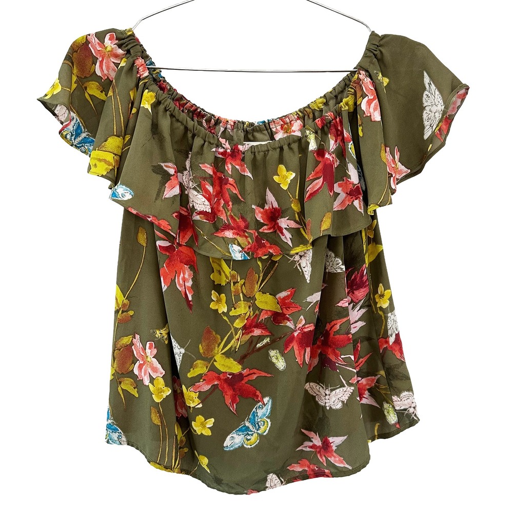 MAEVE Boho Floral Ruffle Off-shoulder‎ Blouse • XS • Olive green, red, yellow